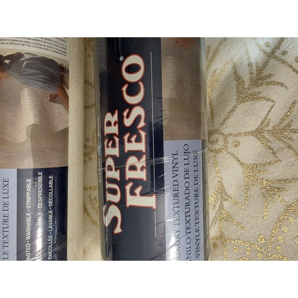 Superfresco Textured Vinyl Floral Wallpaper Beige/Gold Washable 2 Rolls
